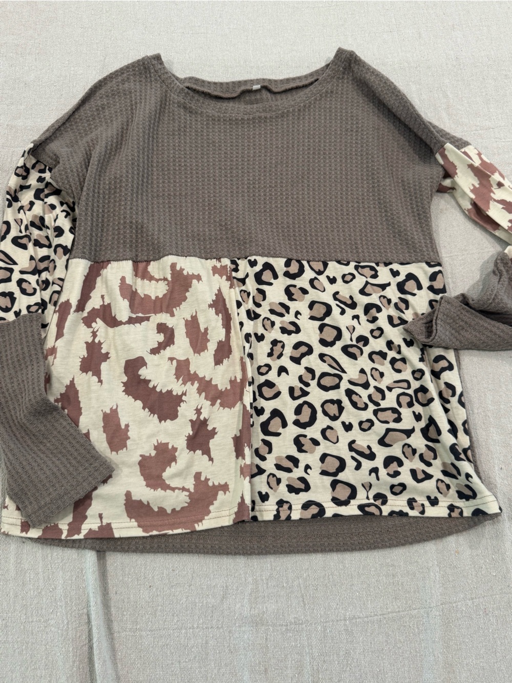 Women Waffle Knit One-Piece with Leopard Patchwork - Brown/Cream